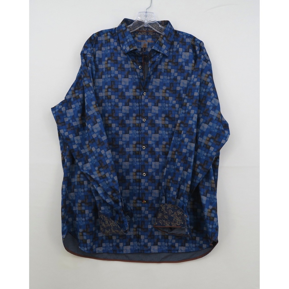 Visconti Black Men XL Blue Geometric Pixel Pattern Long Sleeve Button Down Shirt